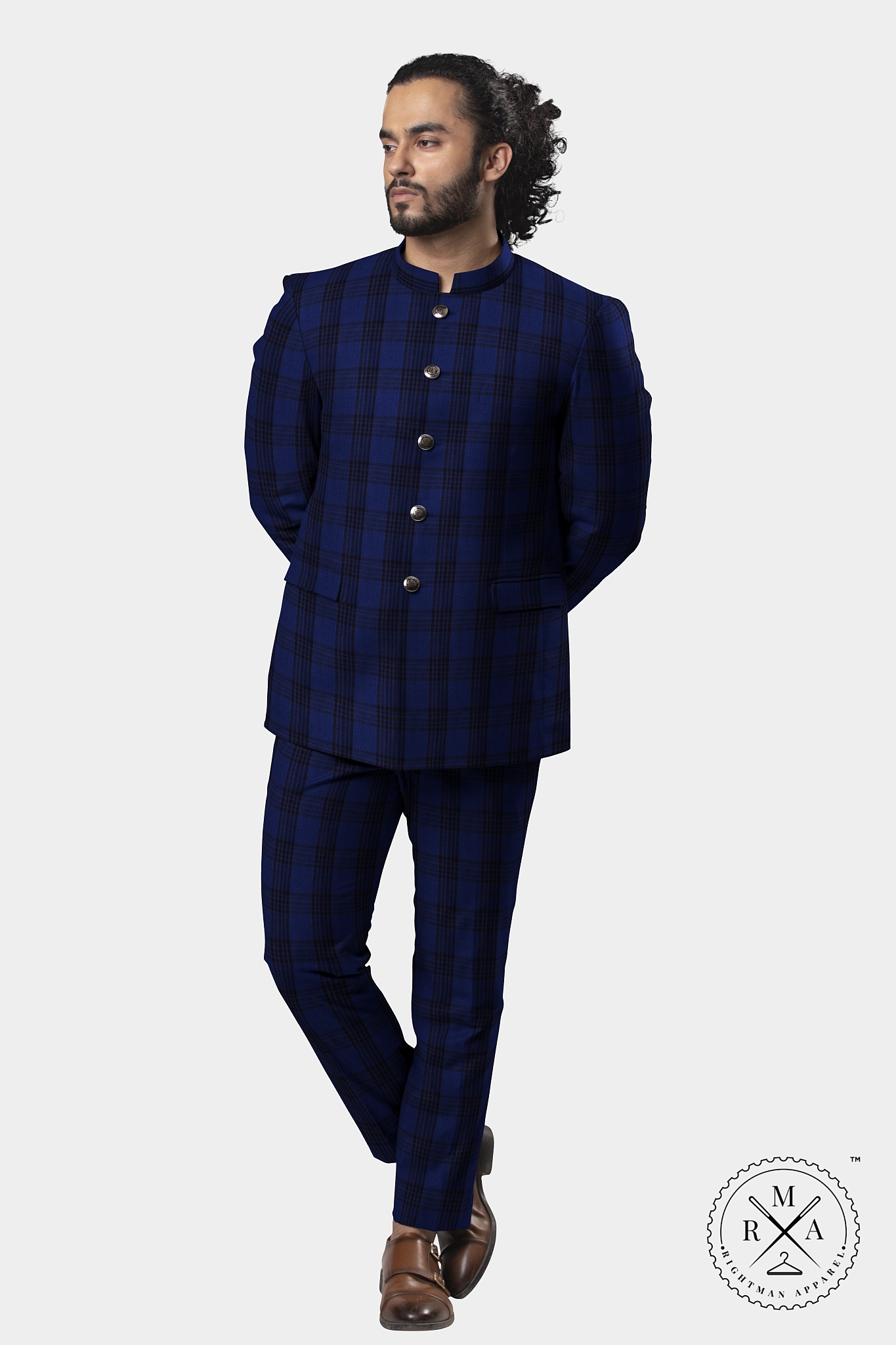 Blue TR Jodhpuri Suit With Black Glen Checks SU65